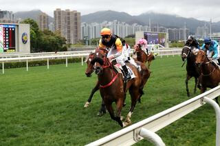 Premiere (NZ) taking out the Bauhinia Sprint Trophy at Sha Tin. Photo: HKJC